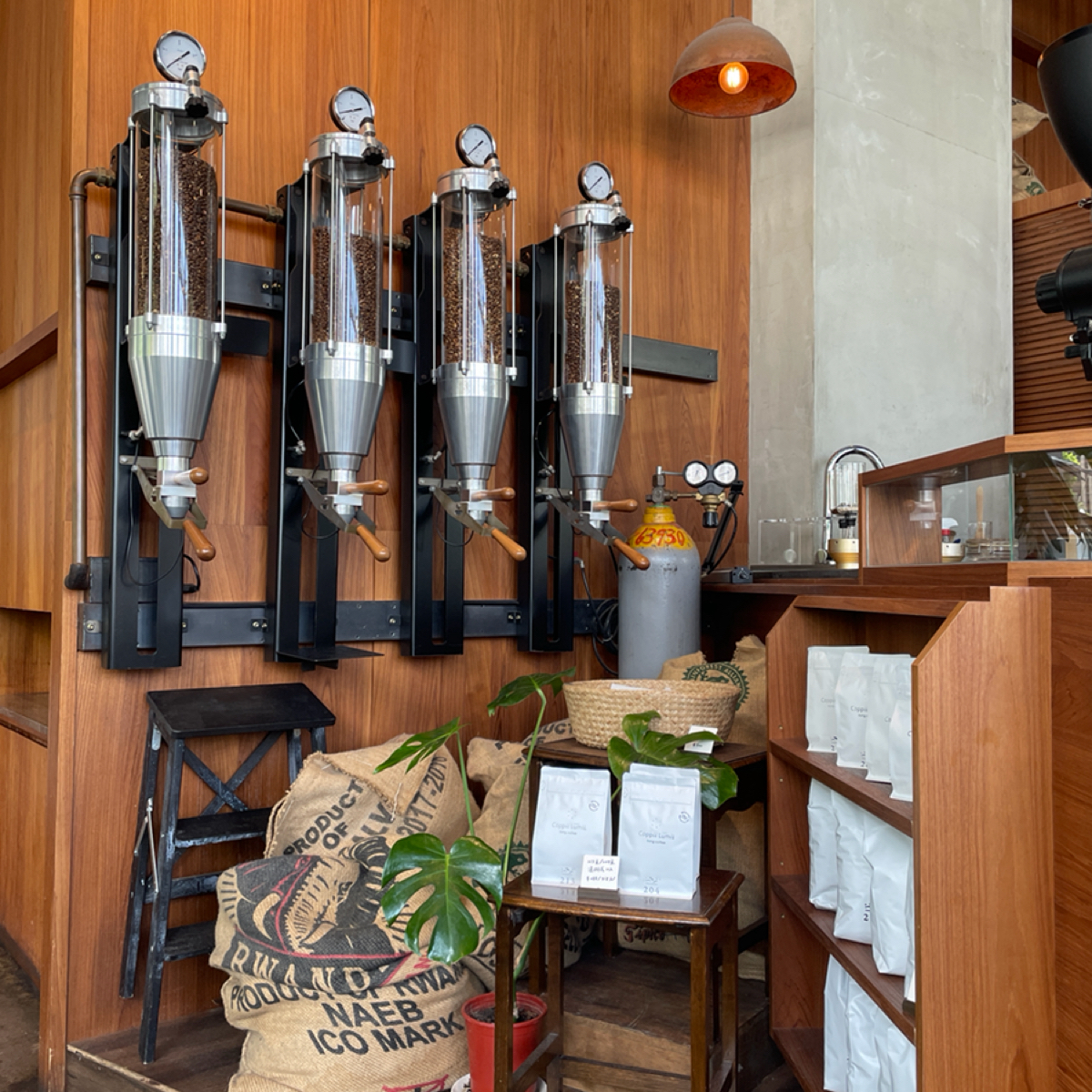 Vibe image of Coppii Lumii living coffee 冉冉生活 經貿門市: 旁邊的裝飾及機台
拍這照光線好到令人感動🥹

店內也有單獨賣咖啡豆，因此也是可以像一般咖啡店一樣， shot by 一刻又一嗑
