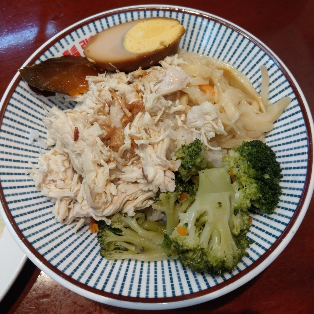 鬍鬚張 新店碧潭店 のレストランの写真：飄香雞肉飯（大）$82
飯有拌醬汁很好入口，雞絲口感頗乾，筍絲和滷蛋等配料表現都不錯，花椰菜給很多， byIN老師 