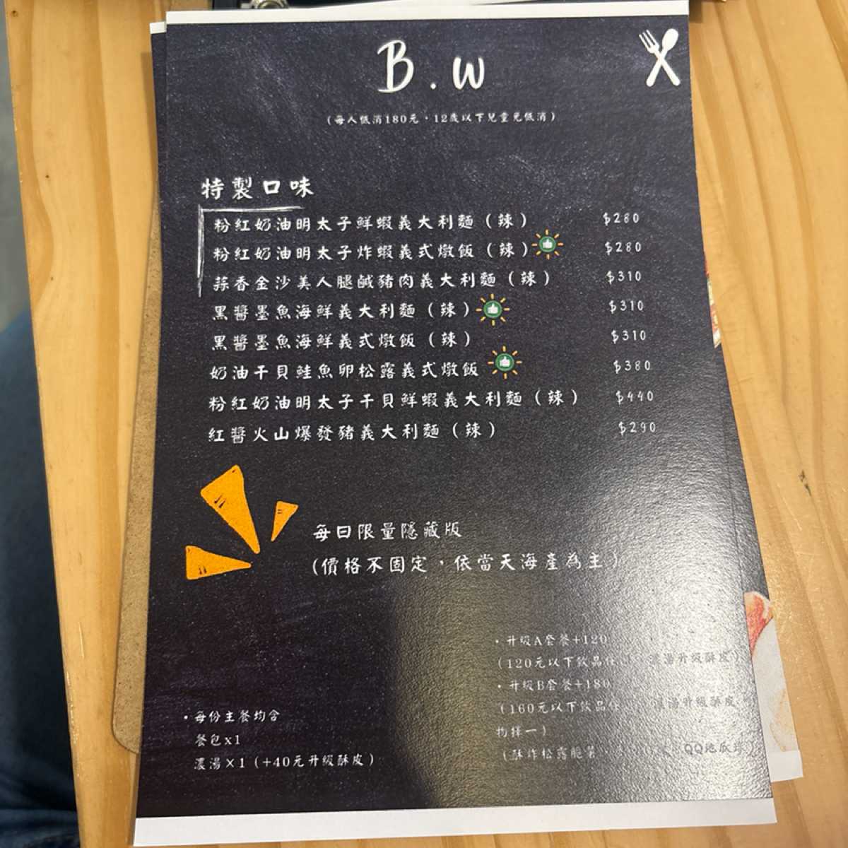 B.W義式料理 のメニューの写真：特製口味 byLucille邊走邊吃 
